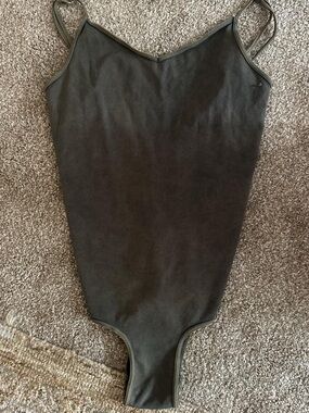 Free People Olive Green Ribbed Spaghetti-Strap Bodysuit